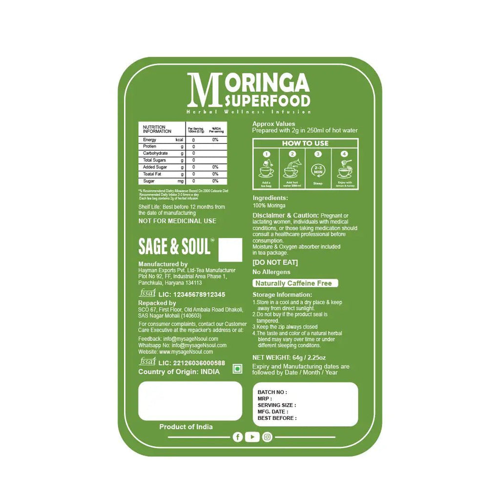 Moringa Superfood | Herbal Wellness Infusion | 30 Premium Pyramid Tea Bags - Sage & Soul