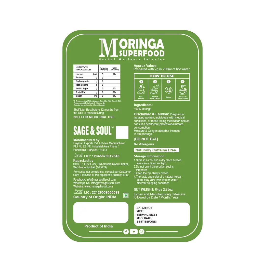 Moringa Superfood | Herbal Wellness Infusion | 30 Premium Pyramid Tea Bags - Sage & Soul