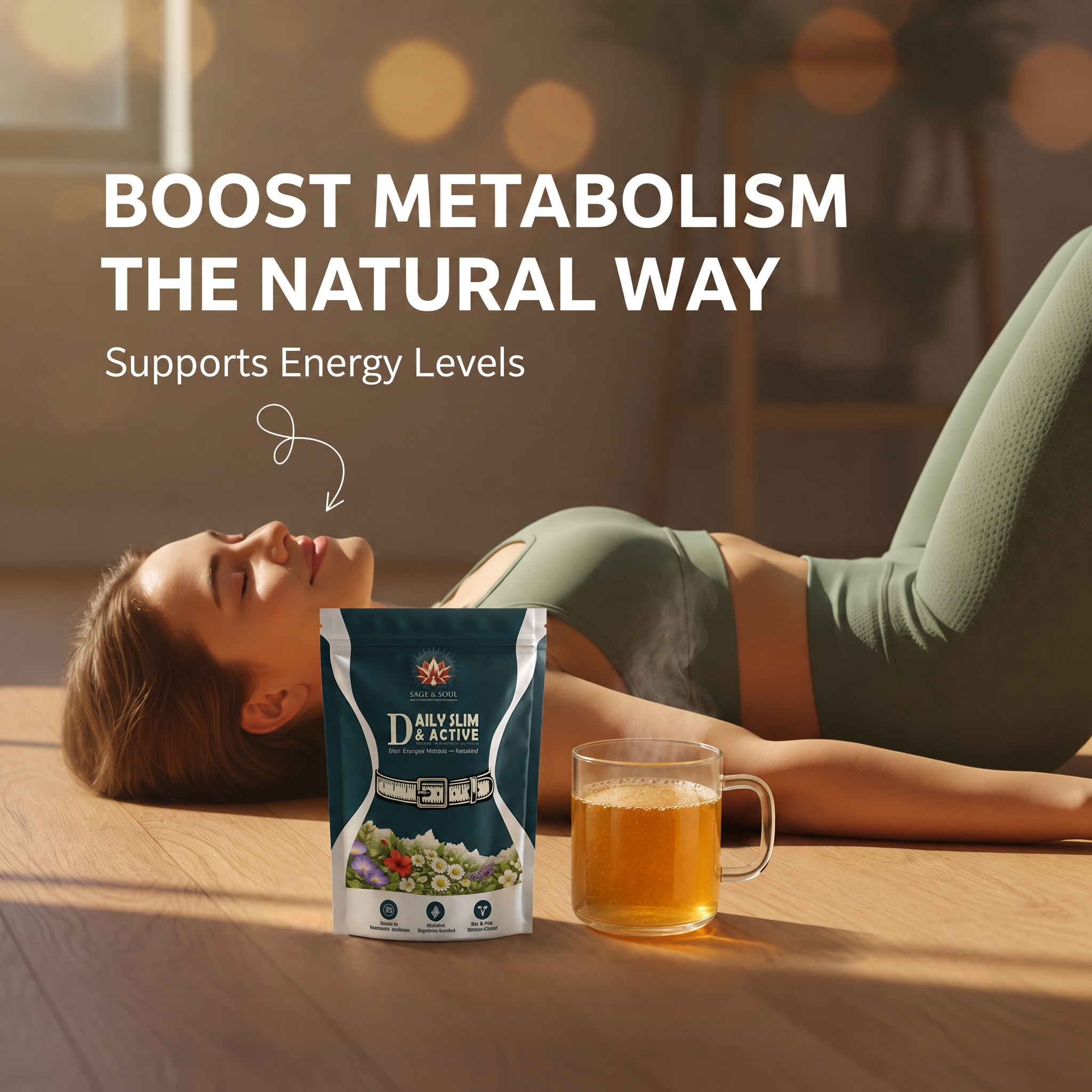 A woman in a green workout outfit lies on a wooden floor in a warm, sunlit room, with a pouch of Daily Raw Active herbal supplement and a glass of tea in the foreground. Text reads 'BOOST METABOLISM THE NATURAL WAY' and 'Supports Energy Levels'.