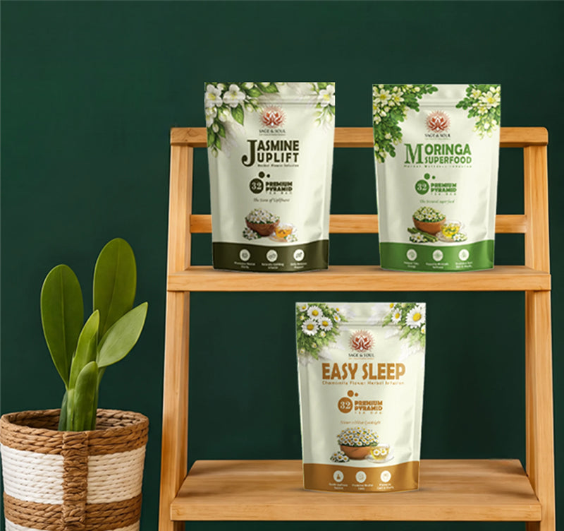 Three stand-up pouches of NutriKool premium sleep and mood supplements displayed on a wooden shelf against a dark green background, with a potted plant on the left.