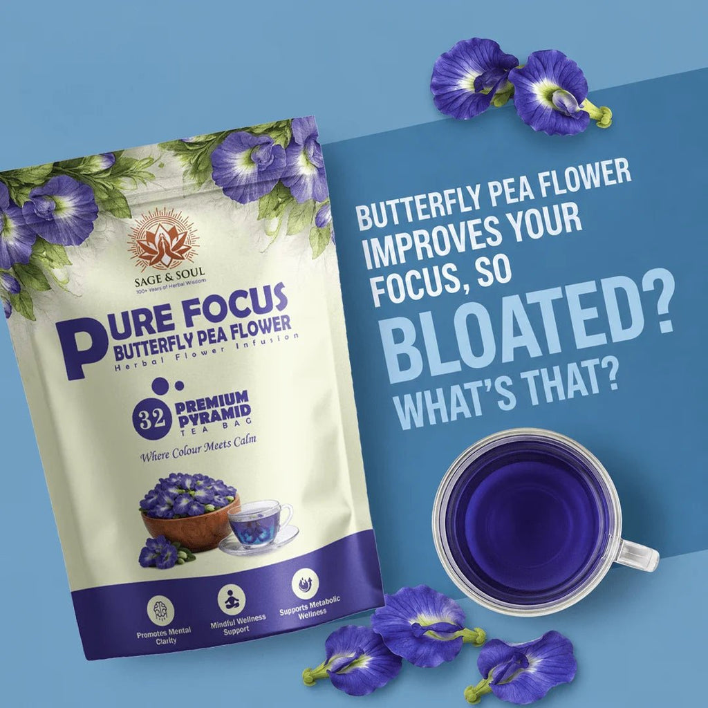 Pure Focus Butterfly Pea | Herbal Flower Infusion | 32 Premium Pyramid Tea Bags - Sage & Soul