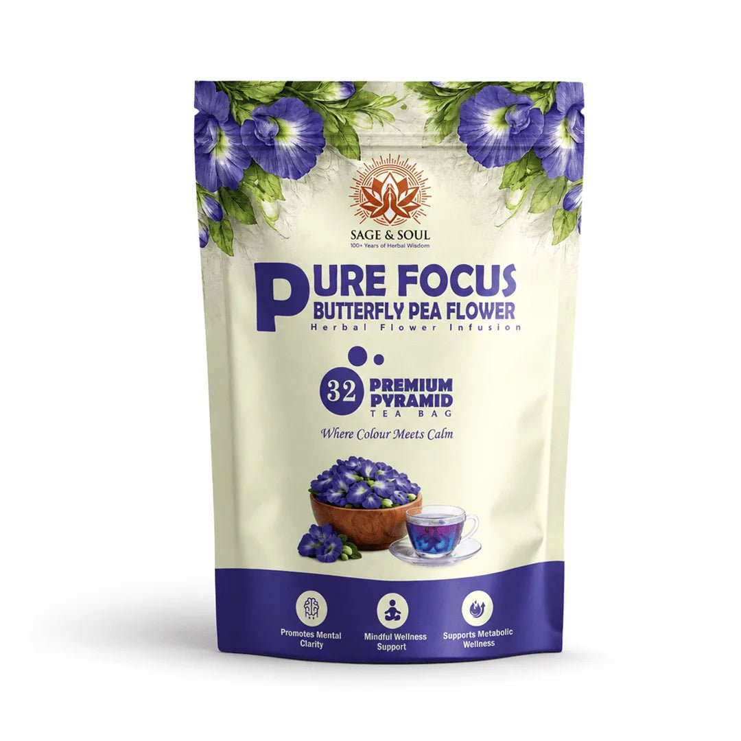 Pure Focus Butterfly Pea | Herbal Flower Infusion | 32 Premium Pyramid Tea Bags - Sage & Soul