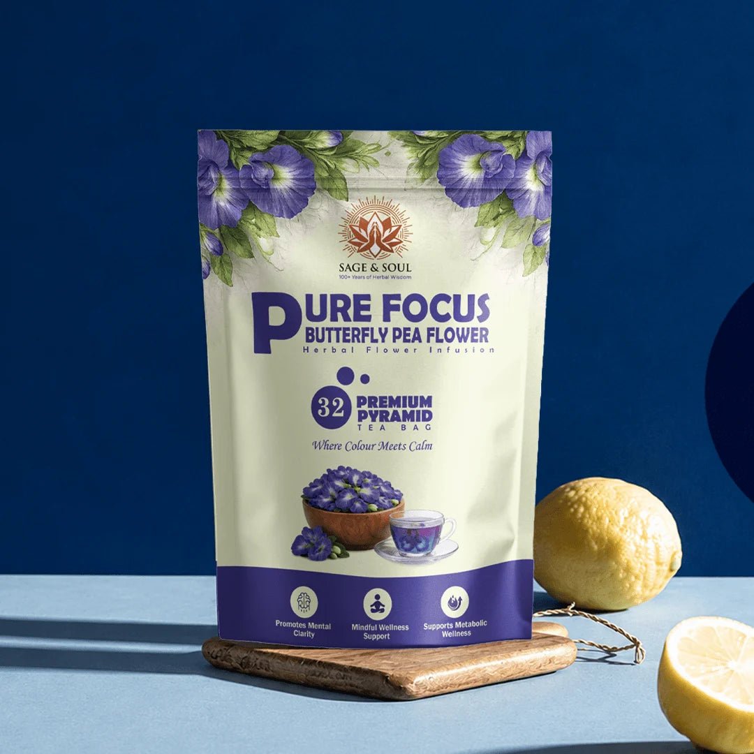 Pure Focus Butterfly Pea | Herbal Flower Infusion | 32 Premium Pyramid Tea Bags - Sage & Soul