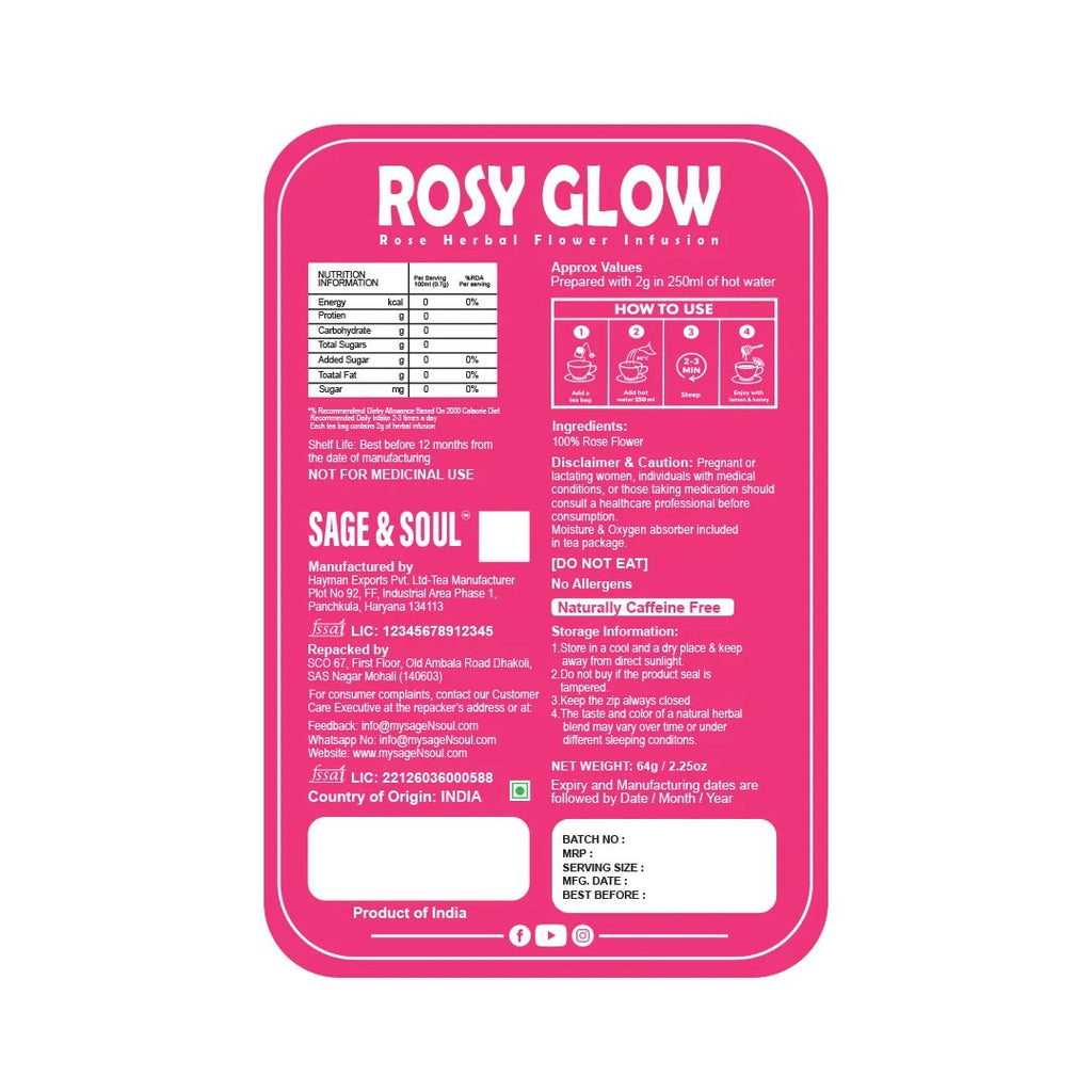 Rosy Glow | Rose Flower Wellness Infusion | 30 Premium Pyramid Tea Bags - Sage & Soul
