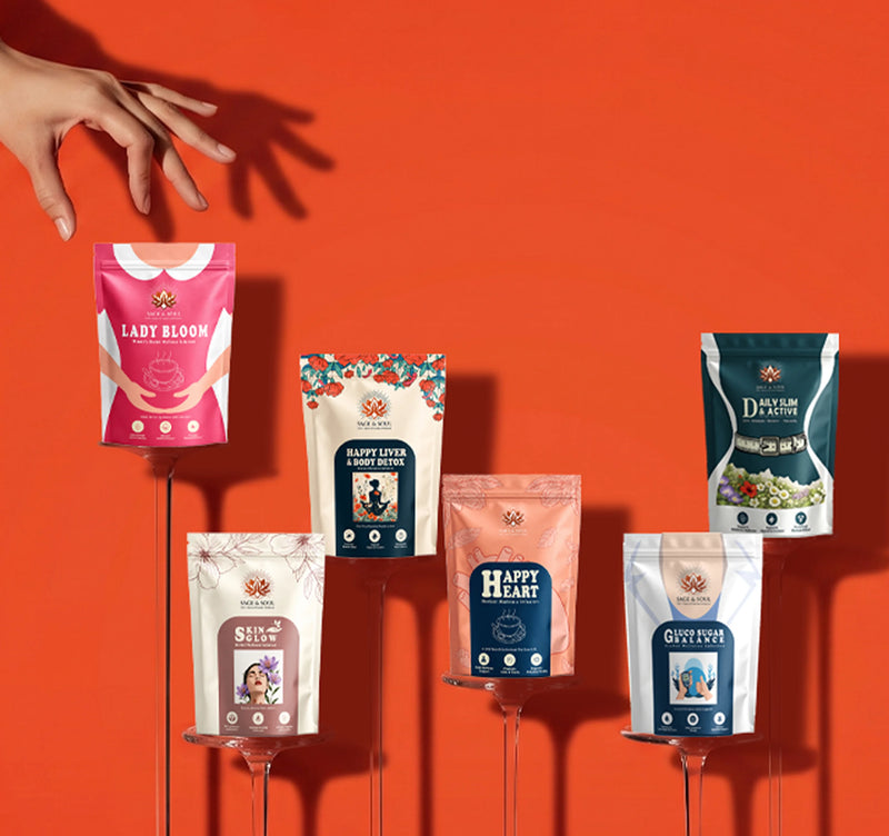 Six stand-up pouches of pet food in assorted colors are displayed on small metal stands against a solid orange background. A human hand enters from the top left, casting a shadow across the scene.